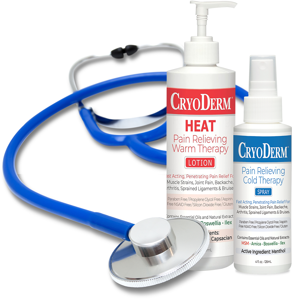 Cryoderm products next to a stethoscope