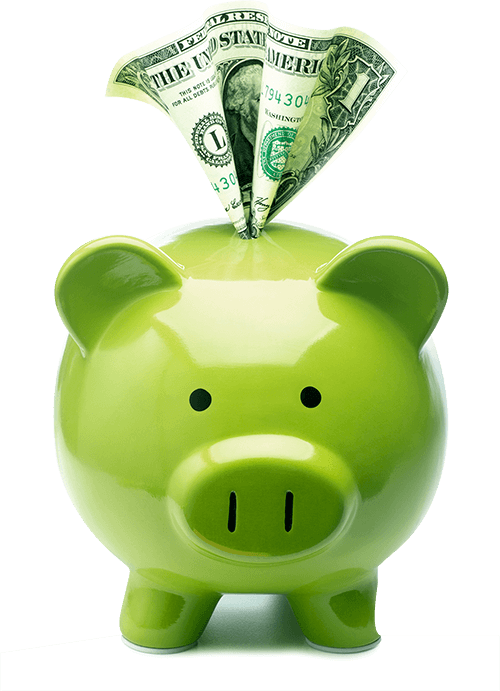 Green piggy bank with money sticking out of it