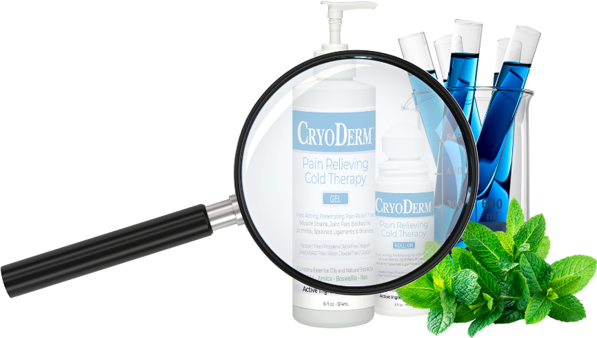 Magnifying glass over a selection of cryoderm products